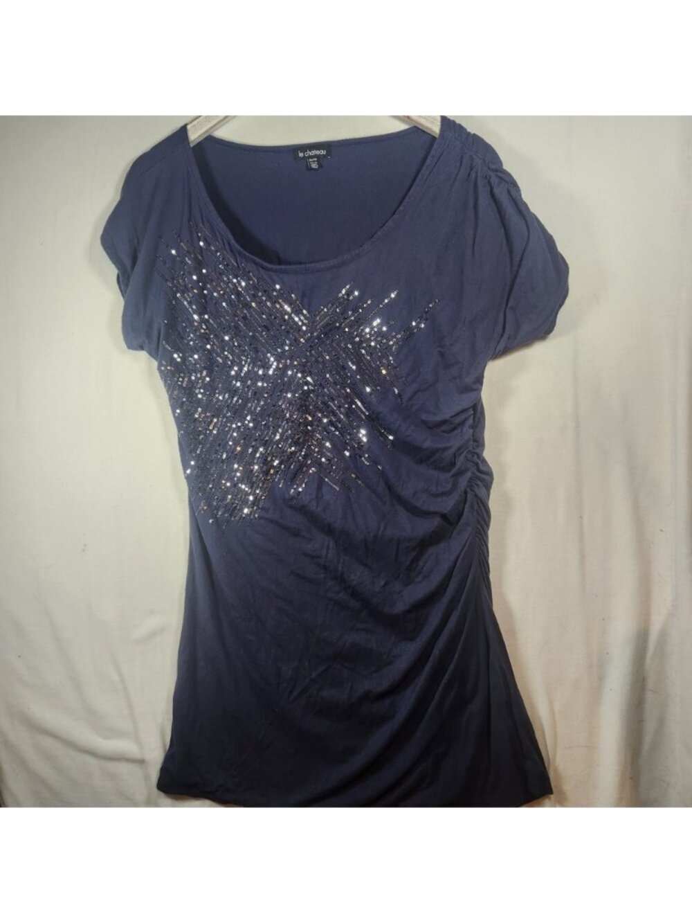 Y2k Le Chateau Navy Blue Sequin Starburst Tunic Top Short Sleeve Ruched XL